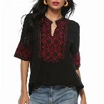 Seasonal Ukraine Bluse Sommer Damen Tunika Bohemian Stickerei Folklore Tops Boho Hippie Kurzarm Lose Oberteil (073-Schwarz,2XL)