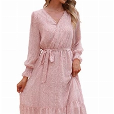 SEBOWEL Damen Langarm Blumen Rüschen Maxikleider Elegant Lang Kleider V-Ausschnitt Freizeitkleid mit Gürtel Rosa L