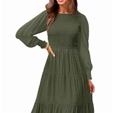 SEBOWEL Kleid Damen Elegant Lange Kleid Freizeitkleider Langarm Hohe Taille Maxikleid Partykleid Abendkleid Armeegrün S