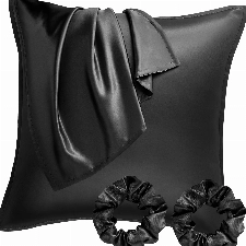 Seiwohl Satin Kissenbezug 80x80, 2er Set Satin Kopfkissenbezug Pillowcase Kissen Bezug Kissenhülle für Haar und Haut, ähnlich wie Seide, Schwarz, mit 2 Haargummis