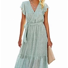 SEVETAT Damen Chiffon Boho Lange Kleid mit Gürtel Sommerkleid Partykleid Elegant V-Ausschnitt Maxikleid Blumenkleid Abendkleid Rüschen Strandkleid Cocktailkleid (Hellgrün, L)