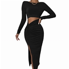SheIn Damen Cut Outs Figurbetontes Kleid mit Twist Vorne Schlitz Partykleid Langarm Midikleid Vintage Kleider Elegant Freizeitkleid Schwarz S