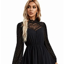 SheIn Damen Elegant Spitzenkleid V-Ausschnitt Minikleid Langarm A-Linie Kleider Hohe Taille Kurzkleid Casual Skaterkleid Einfarbig Schwarz L