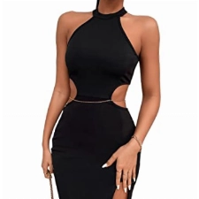 SheIn Damen Neckholder Kleid Figurbeton Kleider Sexy Cut Outs Partykleid Elegant Midikleid Schlitz Knielang Freizeitkleid mit Kette Schwarz S