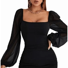 SheIn Damen Netz Ärmel Kleider Bodycon Bleistiftkleid Minikleid Sexy Mesh Partykleid Figurbetont Langarmkleid Schwarz L