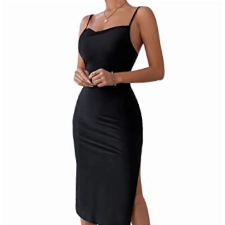 SheIn Damen Spaghettiträger Midikleid Elegant Figurbetontes Ärmelloses Kleid Enger Sommerkleid Partykleid mit Schlitz Schwarz XS
