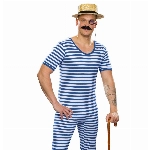 shoperama Nostalgischer Herren Ringel Badeanzug 20er 30er Jahre Gewichtheber Clown Artist Retro Historisch JGA, Farbe:Blau/Weiß, Größe:9/XXL