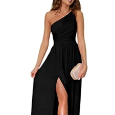 shownicer Abendkleider Damen Maxi Langes Kleid mit Schlitz Eine Schulter Schlitz Ballkleider Sexy Partykleid Einfarbig Elegant Cocktailkleider A Schwarz S