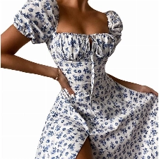 shownicer Damen Kleider Sexy Schulterfrei Blumen Sommerkleid Hohe Taille Lange Strandkleid Puffärmel Boho Kleid Kordelzug Maxikleid mit Schlitz A Dunkelblau XL