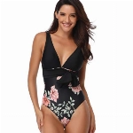 Silkglory Badeanzug Damen,Badeanzug Damen Bauchweg Hohe Taille V-Ausschnitt Rückenfreie Push Up Bikini Damen Sexy,Schwarz Blumen Neckholder Badeanzug Badeanzug Bauch Abnehmen Swimsuit (M)
