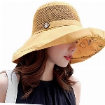 Sommer-Sonnenhüte aus Netzstoff für Damen, leichter Strandhut mit Blumenmuster, LSF 50+, verstaubar, breite Krempe, Fischerhut mit Kinnriemen - Gelb - Medium