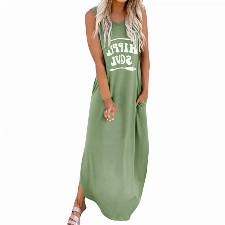 Sommerkleid Damen Lang - Strandkleid Sommer Maxikleid Ohne Ärmel Rundhals mit HAPPLE Soul Brief Drucken Langes Shirtkleider Lässig Locker Sommerkleider Freizeitkleid Blusenkleid