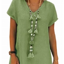 Sommerkleid Damen Leinen Kleider Casual V-Ausschnitt Midikleid Kurzarm A-Linie Kleid Strandkleid Ohne Zubehör (A Grün, L)