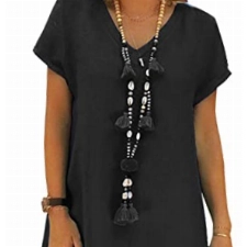 Sommerkleid Damen Leinen Kleider Casual V-Ausschnitt Midikleid Kurzarm A-Linie Kleid Strandkleid Ohne Zubehör (A Schwarz, 3XL)