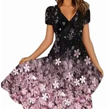 Sommerkleider Damen Kurzarm Lässig V-Ausschnitt Blumendruck A-Linie Kleid Midikleid Partykleid Freizeitkleid Strandkleider (A Rosa, XL)