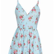 Sommerkleider Damen Vintage V-Ausschnitt Trägerkleid Verstellbaren Spaghettiträger Rückenfreies Blumen Strand Kleider A-Linie Abendkleid Knielang Midikleid Blau M