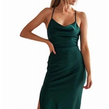 SOMTHRON Abendkleid Damen ärmellose Partykleid Rückenfrei Spaghettiträger Satin Kleider Figurbetontes Wickelkleid Cocktailkleid Leopard Wellenpunkt Sommer Swing Strandkleid(BG,M)