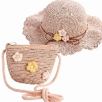 Strohhut und Kleine Tasche Set, Mädchen Kinder Sommer Sonnenhut Sonnenhüte mit Blumendekoration für den Urlaub Reise Outdoor-Aktivitäten Reisehut Sonnenhut für den Urlaub Reise (A-Pink)