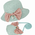 Strohhut und Mini Tasche Set Mädchen Sommer Sonnenhut mit Schleife Dekoration Sommerhut Strandhut für Reisen Outdoor Aktivitäten (Minz Grün)
