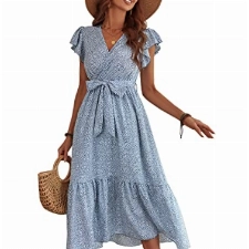 STYLEWORD Damen Chiffon Sommerkleid Lange Midi Kleid Elegant Blumen Maxikleid V-Ausschnitt mit Gürtel(Floral01,M)