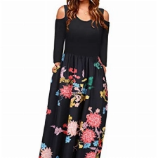 STYLEWORD Herbstkleid Langarm MaxiKelider Damen Herbst Kleider Elegantes Langes Kleid mit Taschen(Floral006,M)