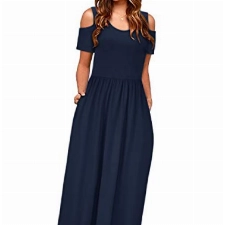 STYLEWORD Sommerkleid Damen Lang Maxikleid Sommer Marine Elegant Freizeitkleid Kurzarm Kleider mit Taschen