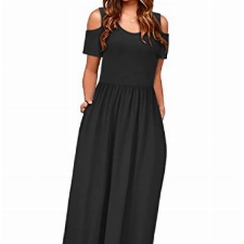 STYLEWORD Sommerkleid Damen Lang Maxikleid Sommer Schwarz Elegant Freizeitkleid Kurzarm Kleider mit Taschen