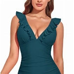 Summer Mae Damen Bauchweg Badeanzug mit Rüschen V-Ausschnitt Monokini Volants Bademode Blau L