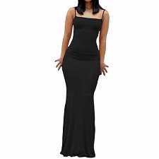 Sunfanrtnn Frauen Spaghettiträger Rückenfrei Bodycon Maxi Kleid Low Cut Casual Ärmellos Langes Kleid Club Party Kleid Sommer Cocktailkleid, A Schwarz, Small