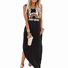 Sxkayxr Damen Sommer Ärmellos Maxikleid Casual Lose Strand Good Vibes T-Shirt Kleider mit Taschen, Schwarz , XX-Large