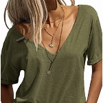 Tankaneo Damen Mode tief V-Ausschnitt Kurze Ärmel Tops Solide Lässig Lose Basic T Shirt