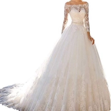 TANPAUL Spitzen Brautkleider A-Linie Lang Off Shoulder Hochzeitskleider Ballkleider Prinzessin Schulterfrei Langarm Brautkleid Spitzekleid Abendkleid Lang mit Schleppe Weiß 44