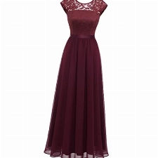 Timormode Damen Elegant Maxi Lang Abendkleider Hochzeit Rundausschnitt Brautjungfernkleider Cocktailkleider Burgundy S