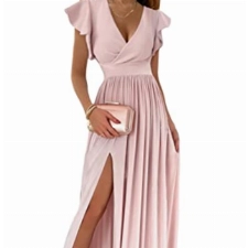 Tomwell Damen Kleid mit Schlitz V-Ausschnitt Langarm Elegant Hohe Taille Cocktailkleid Einfarbig Hochzeit Brautjungfernkleid Lang Partykleid
