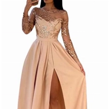 Tomwell Kleider Damen V-Ausschnitt Langarm Abendkleider Elegant Spitze Cocktailkleid Maxikleid Lang Partykleid Ballkleid Festkleid A Aprikose M