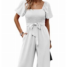 Toplop Jumpsuit Damen Elegant Sommer Hosenanzug mit Quadratischem Ausschnitt und Gürtel Kurzarm Puffärmel Breites Hosenbein 362 Weiß Medium