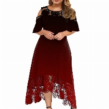 TRIGLICOLEUM Große Größen Abendkleid Damen Elegante Einfarbige Partykleid mit Spitze Nähten Rundhals Schulterfrei Cocktailkleid Rüschen Saum Ballkleid Kleid in A-Linie Maxikleid 5XL