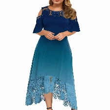 TRIGLICOLEUM Große Größen Abendkleid Damen Elegante Einfarbige Partykleid mit Spitze Nähten Rundhals Schulterfrei Cocktailkleid Rüschen Saum Ballkleid Kleid in A-Linie Maxikleid 5XL