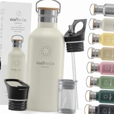 Trinkflasche Edelstahl mit Strohhalm, Infuser + 3 Deckel: BPA-frei, Auslaufsicher, Kohlensäure geeignet - Wasserflasche Fahrrad Thermosflasche Isoliert Isolierflasche Sport Wasser Flasche Kinder Tee