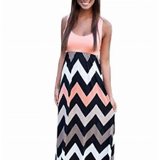 Très Chic Mailanda Sommerkleid Damen Partykleid Lang Chiffon High Waist Striped Sleeveless Beach Kleid Elegant, Pink, M
