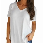 Tshirt Damen Sommer Kurzarm Shirts Oberteile Casual Tunika Tops V-Ausschnitt Einfarbige Lose Basic Tops Beiläufig Baumwolle Bluse (Weiß, M)