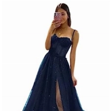 TTWGGUK Frauen Sparkle Tüll Applikationen Abschlussballkleider Spaghetti Träger Formale Abendkleider Eine Linie Long Slit Party Ball Kleider Plus Size