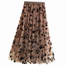 Tüllrock Damen Lang Rock Elegant Vintage Blume Stickerei Elastisch High Waist A Linie Swing Midi Sommer Faltenrock Plisseerock Winterrock Maxirock Frauen Festlich Fee Tutu Röcke Khaki L