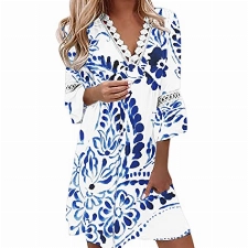 Tunika Kleid Damen Sommer Damen Tunika Kleid 3/4 Ärmel V Ausschnitt Fransen Blumendruck Boho-Damenkleid, Weiß, S