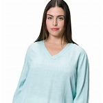Ulla Popken Damen, Leinenmix, V-Ausschnitt, 3/4-Arm, Zierschleife Blusen, blau, 50/52