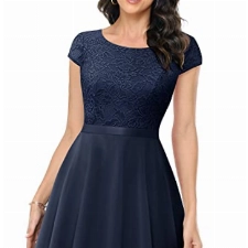 UOTORI Damen Cocktailkleid Kurz Abendkleid Elegant Spitzenkleid Chiffon Rundhalsausschnitt Brautkleid Navy blau XL