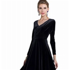 Urbancoco Damen Lange Langarm Abendkleid Maxi V-Ausschnitt Samt Party Kleid (L, Schwarz)