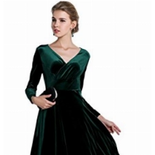 Urbancoco Damen Lange Langarm Abendkleid Maxi V-Ausschnitt Samt Party Kleid (S,Grün)