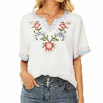 Vakakado Damen Sommer Boho Stickerei Mexikanisch Bohemian Tops Bauer Halbarm V-Ausschnitt Shirt Tunika Blusen (3XL, 321-Weiß)