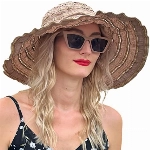 VECRY Damen Jahrgang Strand Sonnenhut Reisen Faltbar Breite Krempe Sommer UV Hüte (Braun,M)